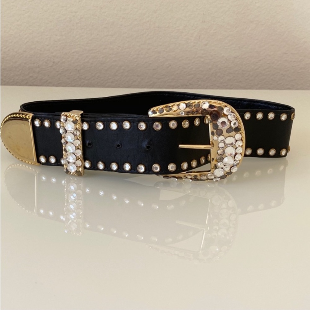 St. Maarten Black Leather Vintage Crystal Punk Rock Belt SZ XS